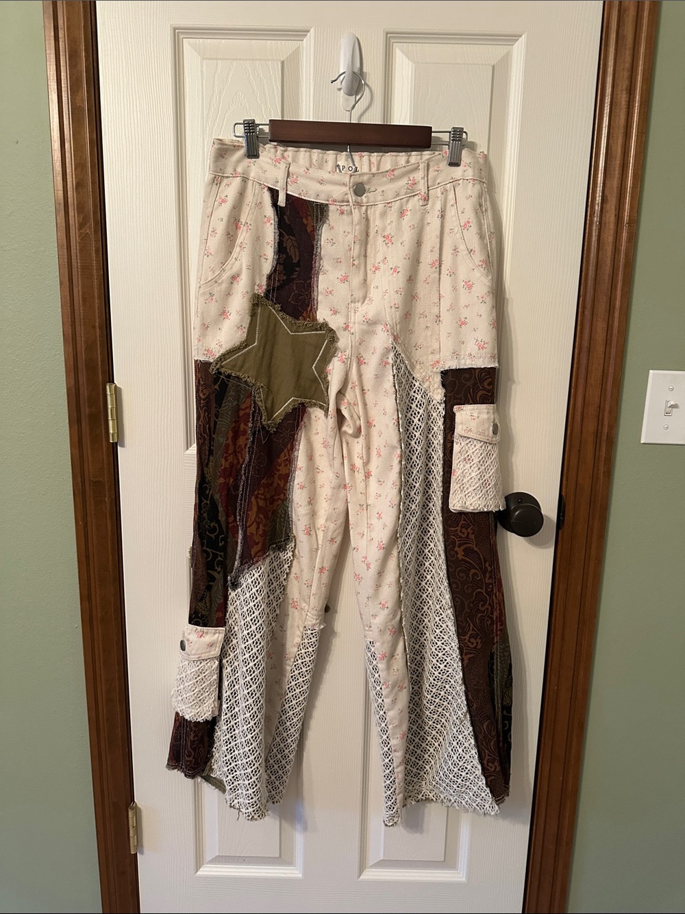 Boho Patchwork Wide-Leg Pants in Cream and Olive